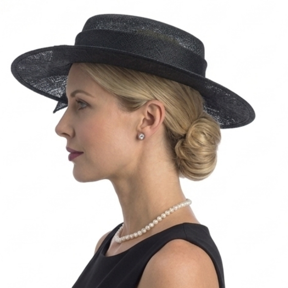 Beloved Millinery Couture Black Flat Top Hat Church Brunch Business Funeral